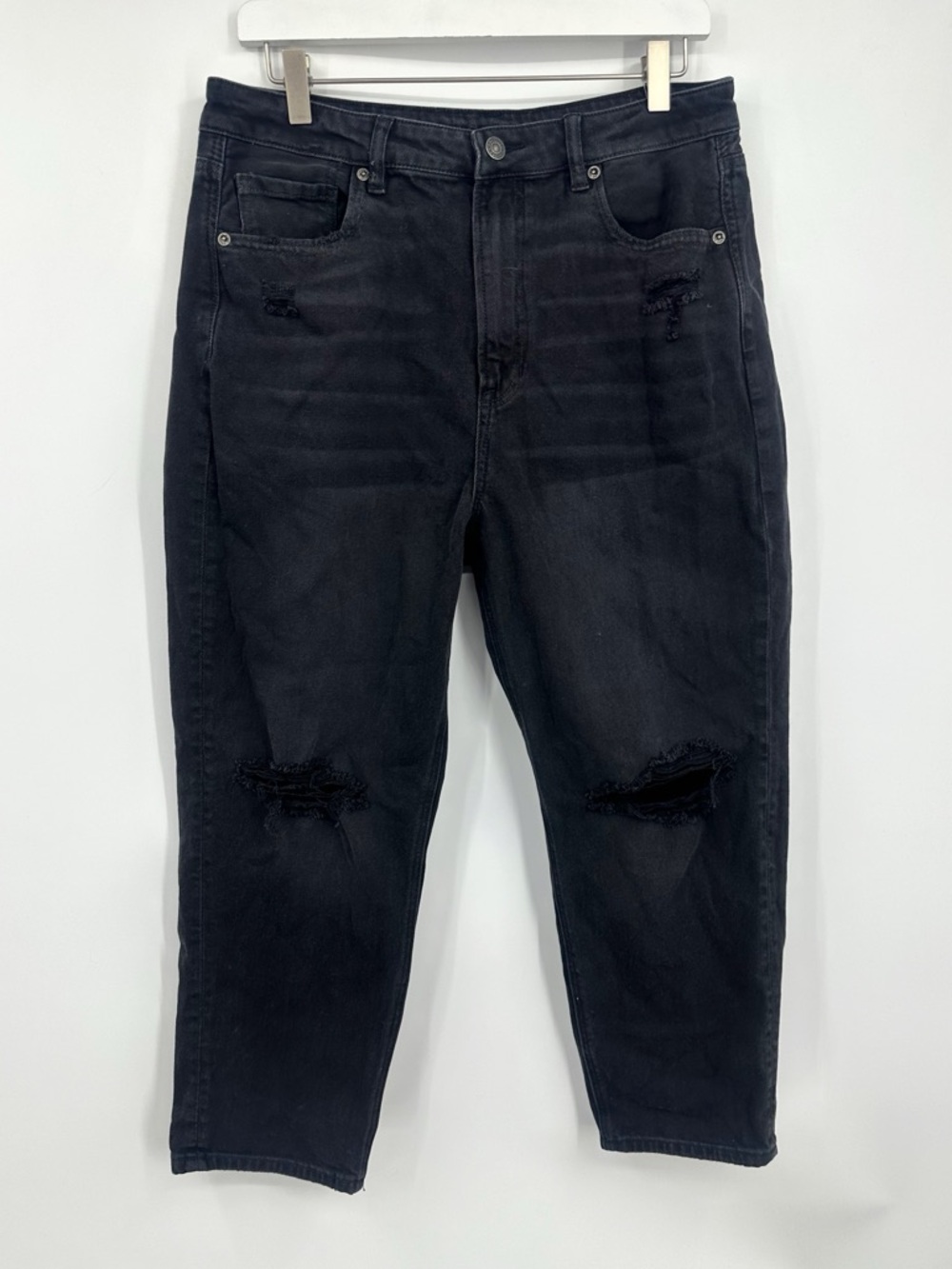 American Eagle Outfitters Black Mom Straight Jeans Size 12 Short Distressed Boho